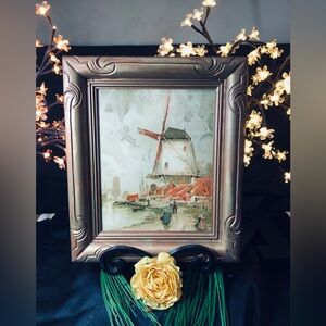 Framed Windmill Painting with Brown Vintage Frame